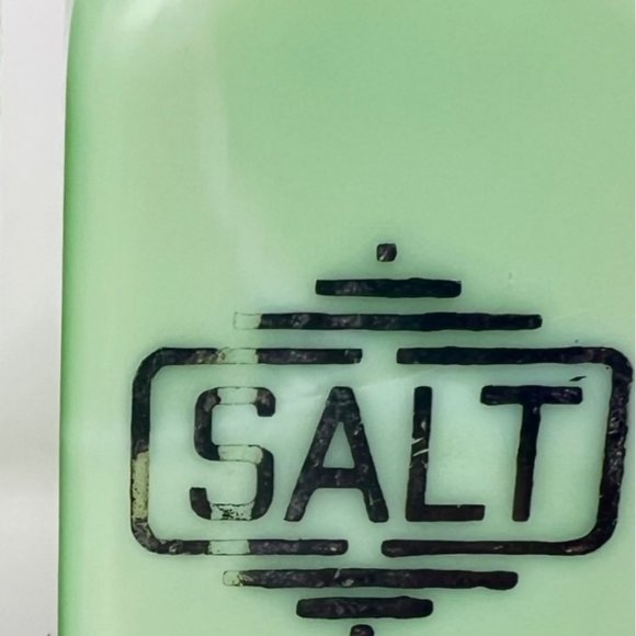 McKee Jadite Uranium Large Letters Glass Salt Shaker - Damaged Lid Front Graphic - Picture 3 of 9